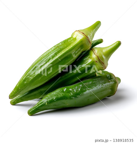 Fresh Green Okra Pods on White Background with Natural Freshness and Vibrant Color 138918535