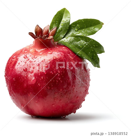 Fresh Pomegranate with Water Droplets and Green Leaves on a White Background Fresh Pomegranate with Water Droplets and Green Leaves on a White Background 138918552