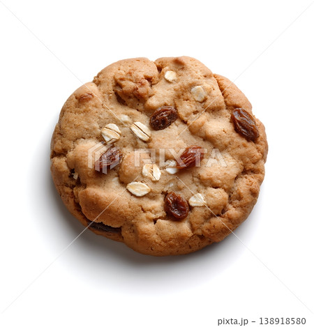 Freshly Baked Oatmeal Raisin Cookie on White Background with Subtle Shadows and Textures Freshly Baked Oatmeal Raisin Cookie on White Background with Subtle Shadows and Textures 138918580
