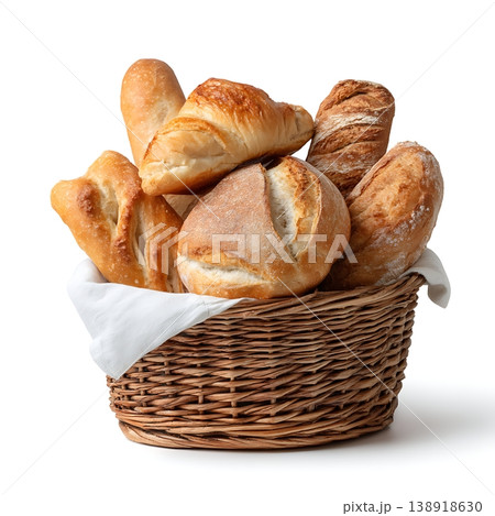 Freshly Baked Assortment of Different Types of Artisan Bread in a Woven Basket 138918630