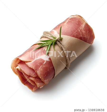Freshly Rolled Italian Prosciutto with Aromatic Herb Garnish on White Background 138918638
