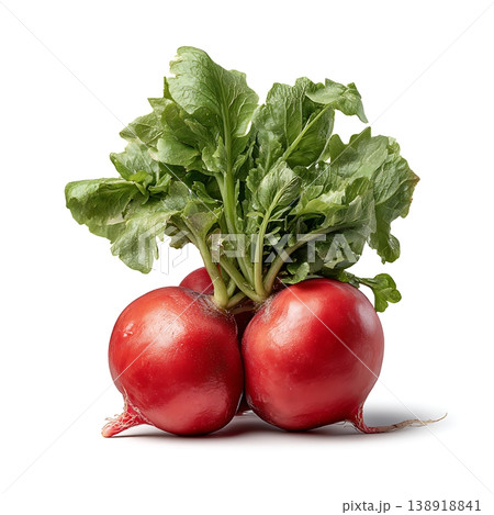 Fresh Red Radishes with Green Leaves on White Background for Healthy Food Concept Fresh Red Radishes with Green Leaves on White Background for Healthy Food Concept 138918841