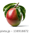 Juicy Fresh Mango with Water Drops and Green Leaves on White Background Juicy Fresh Mango with Water Drops and Green Leaves on White Background 138918872