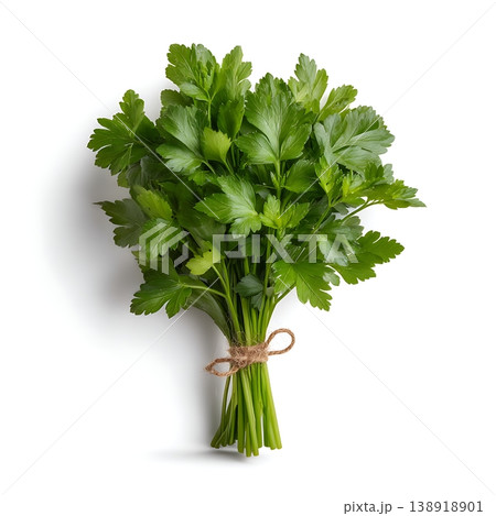 Fresh Green Parsley Bunch Decorated With Twine on White Background for Culinary Uses Fresh Green Parsley Bunch Decorated With Twine on White Background for Culinary Uses 138918901