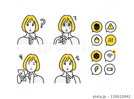 スマートフォンを持つ30代女性とスマホトラブルの通知アイコンセット スマートフォンを持つ30代女性とスマホトラブルの通知アイコンセット 138918942