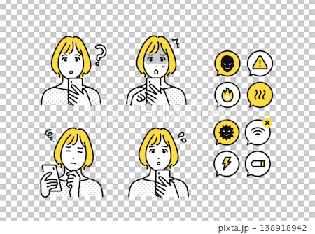 A 30-something woman with a smartphone and a set of notification icons for smartphone troubles. A 30-something woman with a smartphone and a set of notification icons for smartphone troubles. 138918942
