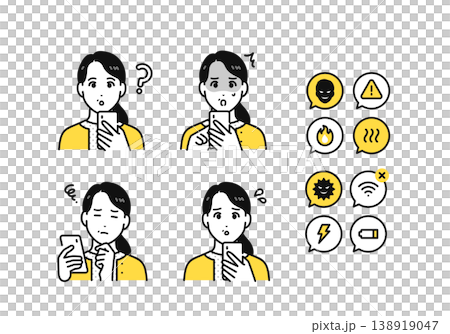 A set of notification icons for middle-aged women who own smartphones and for smartphone-related issues. 138919047