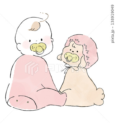 お揃いのおしゃぶりをつけている赤ちゃんとベビーキャップをかぶったトイプードルのイラスト 138919049