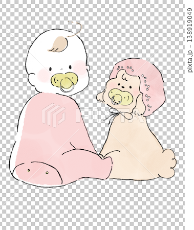 插圖描繪了一個戴著配套奶嘴的嬰兒和一隻戴著嬰兒帽的玩具貴賓犬。 138919049