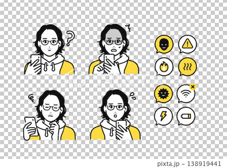 A casually dressed man in a hoodie holding a smartphone, and a set of notification icons for smartphone problems. 138919441