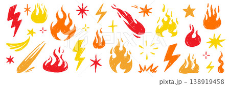 Fire flame icon doodle set. Hand drawn fire flame brush scribble grunge chalk texture shape graphic. Lightning bolt explosion energy blast power sticker rock burst. Vector Fire flame icon doodle set. Hand drawn fire flame brush scribble grunge chalk texture shape graphic. Lightning bolt explosion energy blast power sticker rock burst. Vector 138919458
