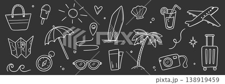 Chalk summer travel doodle icon set. Hand drawn chalkboard vacation holiday beach trip sketch on blackboard. Cute doodle sunglasses palm ice cream suitcase sun adventure. Vector Chalk summer travel doodle icon set. Hand drawn chalkboard vacation holiday beach trip sketch on blackboard. Cute doodle sunglasses palm ice cream suitcase sun adventure. Vector 138919459