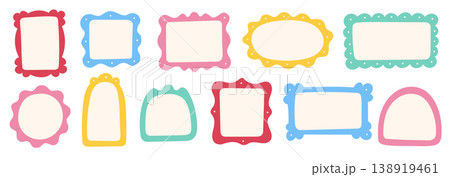 Frame border hand drawn cute set. Cute doodle frame border square, rectangle line photo picture shapes. Cartoon children kids bow scallop lace stamp retro vintage card. Vector Frame border hand drawn cute set. Cute doodle frame border square, rectangle line photo picture shapes. Cartoon children kids bow scallop lace stamp retro vintage card. Vector 138919461