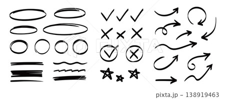 Arrow, underline, circle frame marker line set. Line marker hand drawn pen brush stroke sketch arrow, circle, highlight element. Doodle check, cross, star frame icons. Vector Arrow, underline, circle frame marker line set. Line marker hand drawn pen brush stroke sketch arrow, circle, highlight element. Doodle check, cross, star frame icons. Vector 138919463