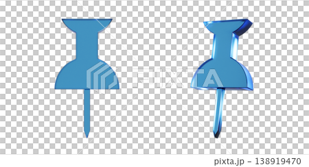 A 3D illustration of a flat thumbtack icon. The mark has a translucent, blue, glass-like texture. A 3D illustration of a flat thumbtack icon. The mark has a translucent, blue, glass-like texture. 138919470