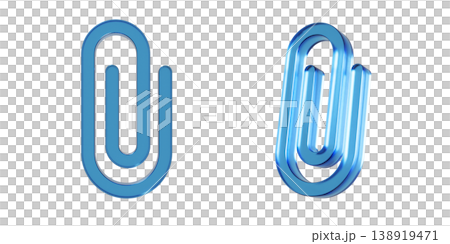 A 3D illustration of a flat icon of a stationery clip. The mark has a translucent, blue, glass-like texture. 138919471