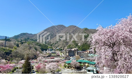 青空と新緑に赤白ピンクの花桃と薄紅色の枝垂桜が映える昼神温泉〈長野県下伊那郡阿智村〉 青空と新緑に赤白ピンクの花桃と薄紅色の枝垂桜が映える昼神温泉〈長野県下伊那郡阿智村〉 138920027