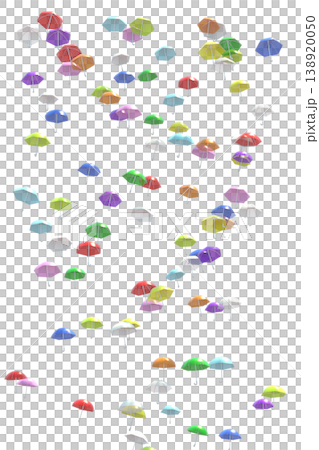 A 3DCG vertical landscape of many colorful umbrellas floating in the sky. Transparent background, semi-transparent umbrella fabric. A 3DCG vertical landscape of many colorful umbrellas floating in the sky. Transparent background, semi-transparent umbrella fabric. 138920050