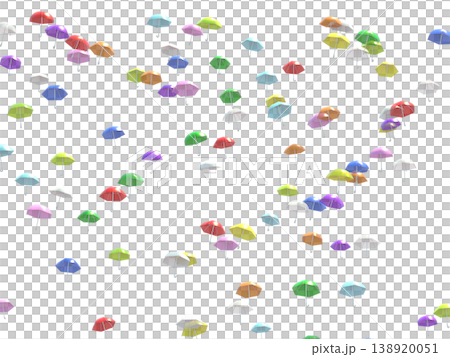 A 3DCG landscape of many colorful umbrellas floating in the sky; transparent background, semi-transparent umbrella fabric. A 3DCG landscape of many colorful umbrellas floating in the sky; transparent background, semi-transparent umbrella fabric. 138920051