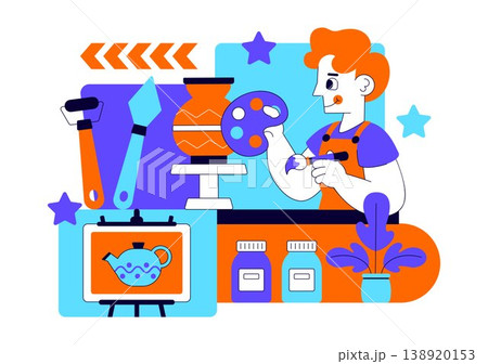 Therapeutic Art And Pottery Vector Illustration Creative Healing Activity With Ceramics Painting Tools and Mindfulness Craft Studio Design 138920153