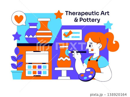 Therapeutic Art And Pottery Vector Illustration Creative Healing Activity With Ceramics Painting Tools and Mindfulness Craft Studio Design 138920164