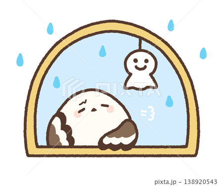 雨の降る窓辺で憂鬱そうなシマエナガ 138920543
