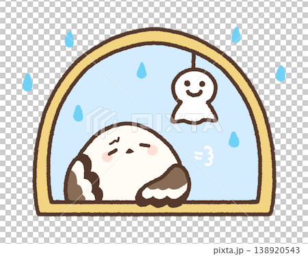 雨の降る窓辺で憂鬱そうなシマエナガ 138920543