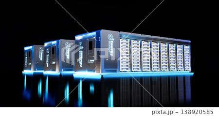Group of energy storage systems or battery container units on black background 138920585