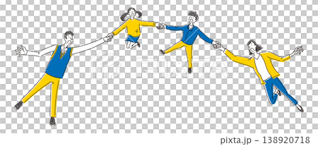 A simple full-body illustration of a family happily jumping while holding hands and smiling. A simple full-body illustration of a family happily jumping while holding hands and smiling. 138920718