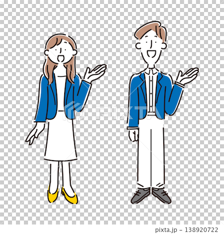 A set of simple full-body illustrations of a smiling male and female office worker giving directions. A set of simple full-body illustrations of a smiling male and female office worker giving directions. 138920722