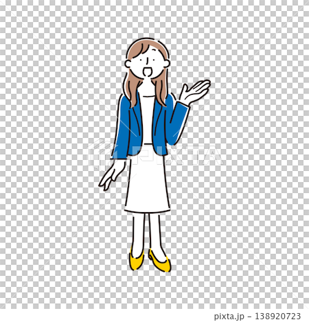 A simple full-body illustration of a smiling female office worker giving directions. 138920723