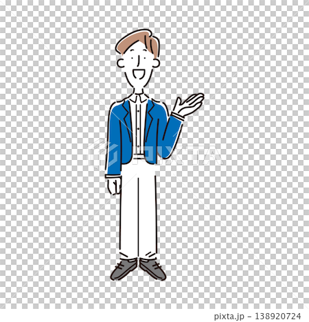 A simple full-body illustration of a smiling male office worker giving directions. A simple full-body illustration of a smiling male office worker giving directions. 138920724