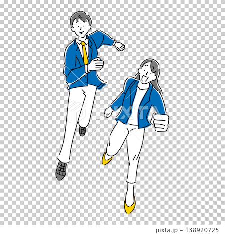 元気よく笑顔で走るビジネスマンとビジネスウーマンの全身のシンプルなイラスト素材 元気よく笑顔で走るビジネスマンとビジネスウーマンの全身のシンプルなイラスト素材 138920725
