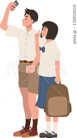 teenagers taking selfie friends school life illustration with backpack smartphone casual uniform youthful bonding digital lifestyle teenagers taking selfie friends school life illustration with backpack smartphone casual uniform youthful bonding digital lifestyle 138920919