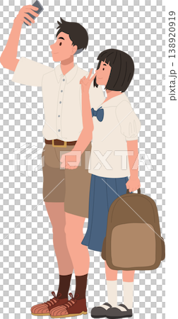 teenagers taking selfie friends school life illustration with backpack smartphone casual uniform youthful bonding digital lifestyle 138920919