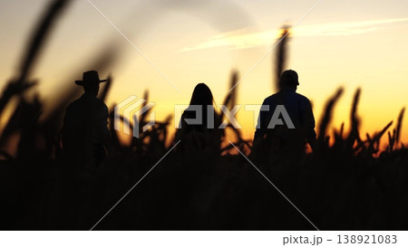 three farmers wheat field raised their hands up, agriculture, Farmers celebrating bountiful wheat harvest, Silhouetted figures golden wheat field sunset, Community spirit among farmers rural landscape three farmers wheat field raised their hands up, agriculture, Farmers celebrating bountiful wheat harvest, Silhouetted figures golden wheat field sunset, Community spirit among farmers rural landscape 138921083