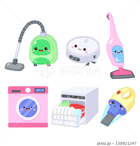 Kawaii Vacuum Mop Washer Set, Household Cleaning Equipment Illustration 138921247