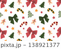 Festive Christmas seamless pattern with flat cartoon bows, gingerbread men, candy canes, stars and fir trees. Holiday winter vector illustration for New Year and Xmas seasonal design 138921377