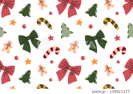 Festive Christmas seamless pattern with flat cartoon bows, gingerbread men, candy canes, stars and fir trees. Holiday winter vector illustration for New Year and Xmas seasonal design Festive Christmas seamless pattern with flat cartoon bows, gingerbread men, candy canes, stars and fir trees. Holiday winter vector illustration for New Year and Xmas seasonal design 138921377
