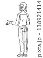 作業服を着て腕を曲げる女性の後ろ姿の線画イラスト 138921414