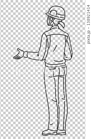 A line drawing illustration of a woman in work clothes with her arms bent, viewed from behind. A line drawing illustration of a woman in work clothes with her arms bent, viewed from behind. 138921414