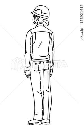 作業服を着た女性の後ろ姿の線画イラスト 138921416