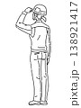 作業服を着て片手をヘルメットに当てる女性の後ろ姿の線画イラスト 138921417