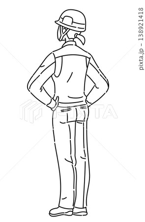 作業服を着て両手を腰に当てる女性の後ろ姿の線画イラスト 138921418