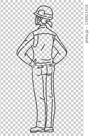 作業服を着て両手を腰に当てる女性の後ろ姿の線画イラスト 138921418
