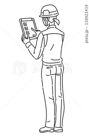 作業服を着てクリップボードを確認する女性の後ろ姿の線画イラスト 138921419