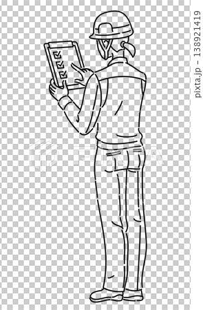作業服を着てクリップボードを確認する女性の後ろ姿の線画イラスト 138921419