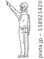 作業服を着て上方を指差す女性の後ろ姿の線画イラスト 138921420