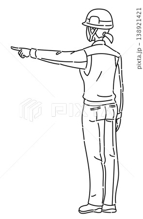 作業服を着て横を指差す女性の後ろ姿の線画イラスト 作業服を着て横を指差す女性の後ろ姿の線画イラスト 138921421