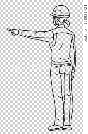 作業服を着て横を指差す女性の後ろ姿の線画イラスト 作業服を着て横を指差す女性の後ろ姿の線画イラスト 138921421